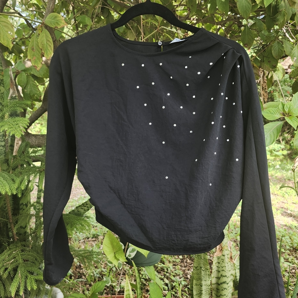 Zara Elegant Black Long Sleeve Top with Stud Accents